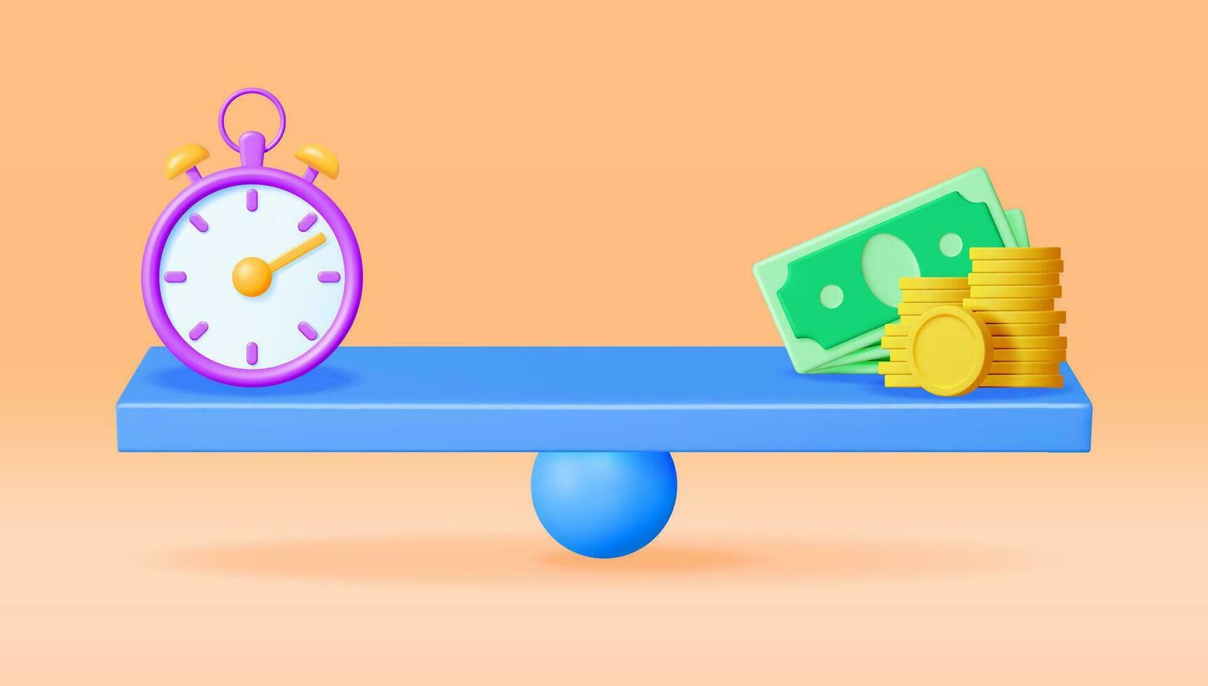 3D Clock and Money on Balance Scales Isolated. Render Time is Money Concept Annual Revenue, Financial Investment, Savings, Bank Deposit, Future Income, Money Benefit. Vector Illustration