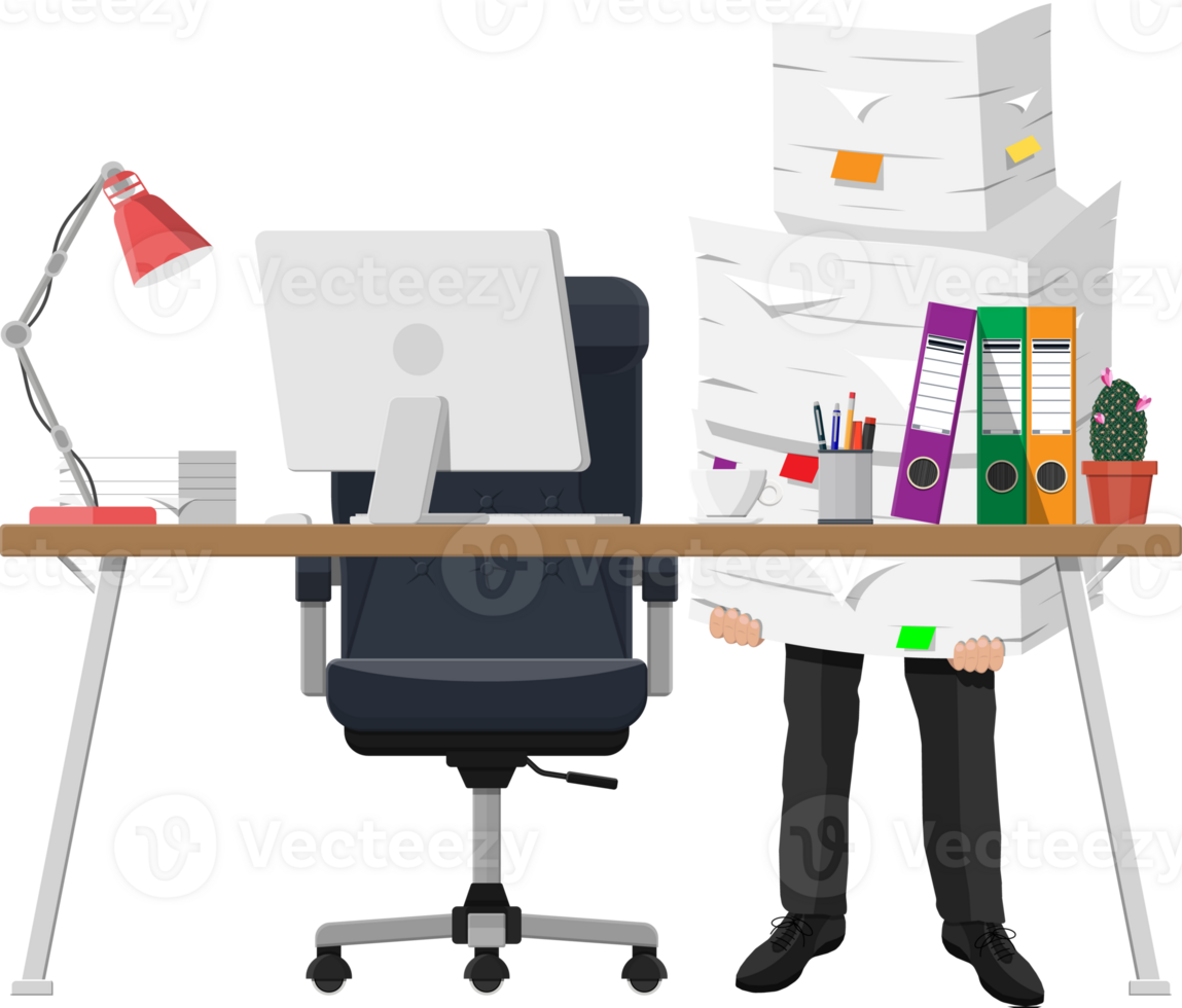 Businessman in pile of office papers png