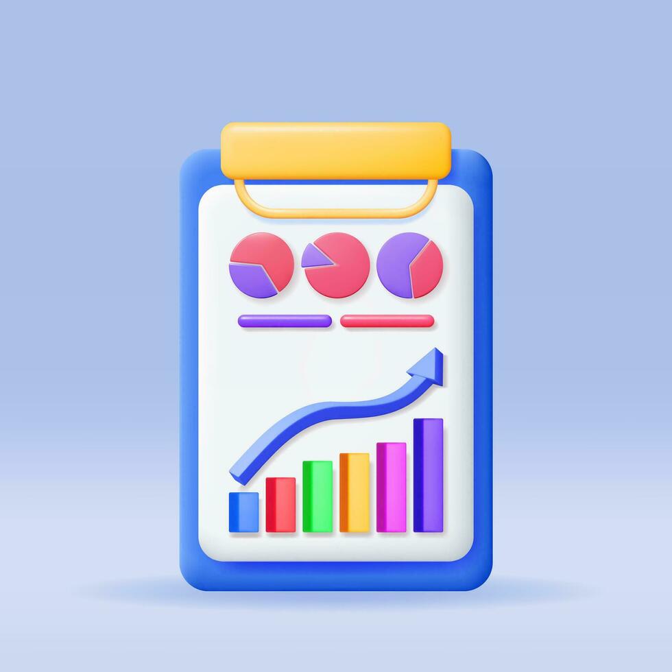 3D Clipboard Paper Sheet with Pie Diagram. Render Stock Pie Shows Growth or Success. Financial Item, Business Investment, Financial Market Trade and Reports. Money and Banking. Vector Illustration