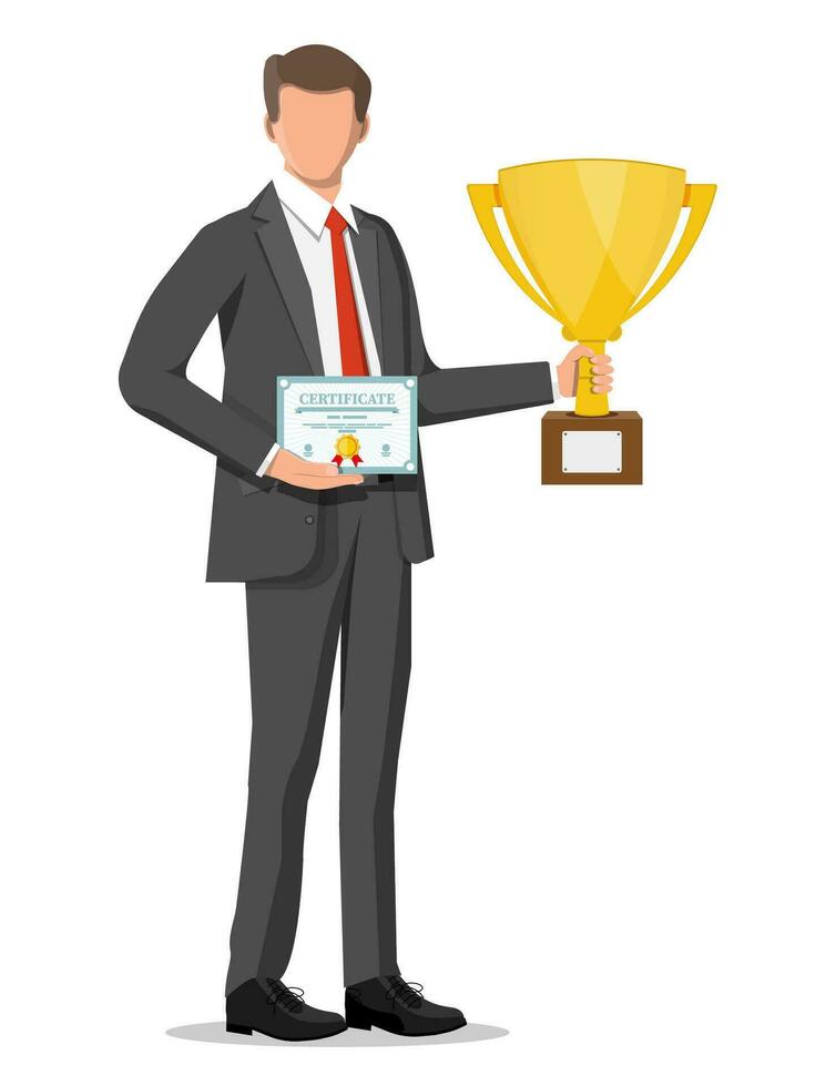 Successful businessman holding trophy and showing award certificate, celebrates his victory. Business success, triumph, goal or achievement. Winning of competition. Vector illustration flat style