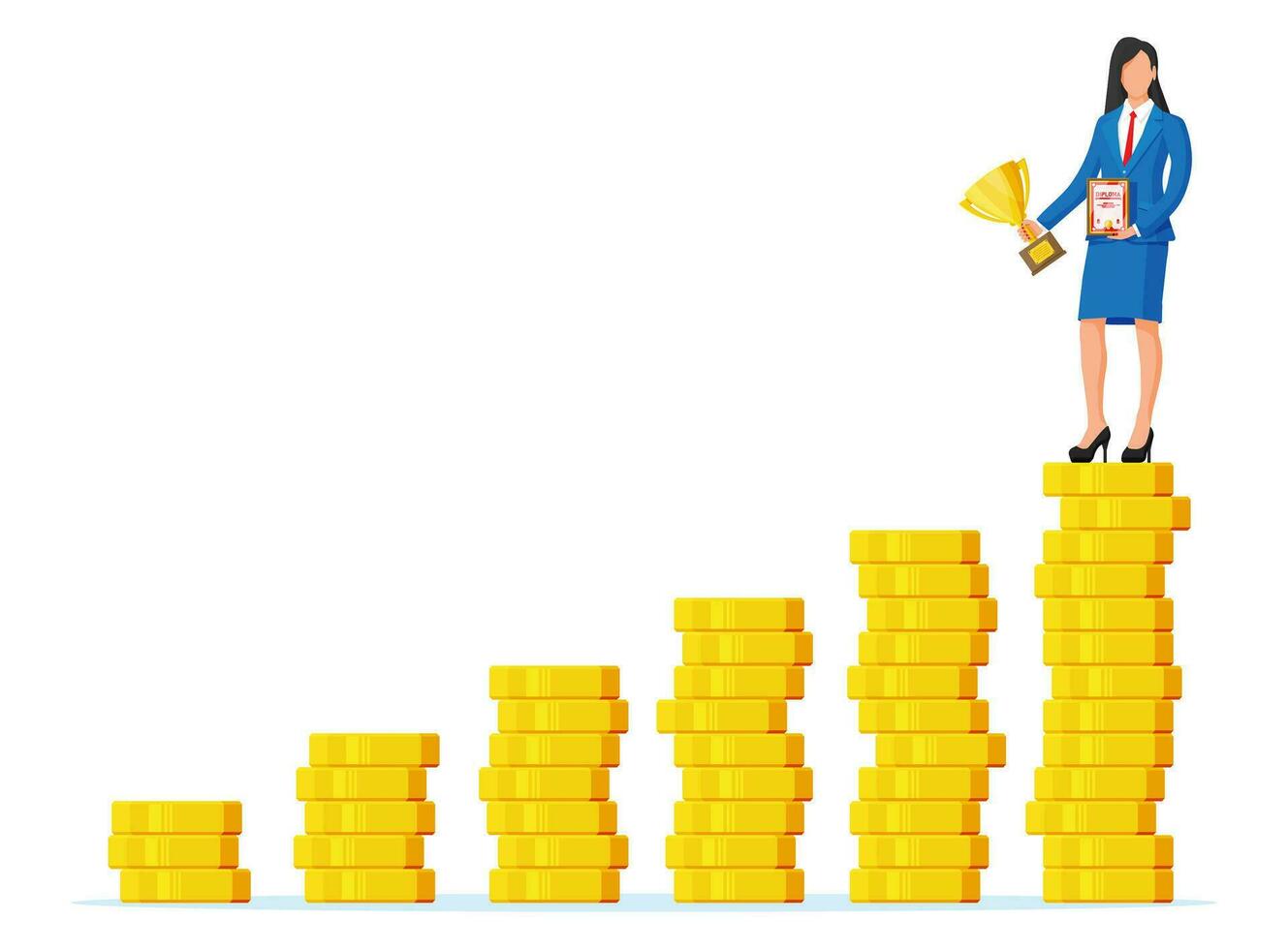 Successful businesswoman holding trophy and showing award certificate, celebrates victory. Business success, triumph, goal or achievement. Winning of competition. Vector illustration flat style