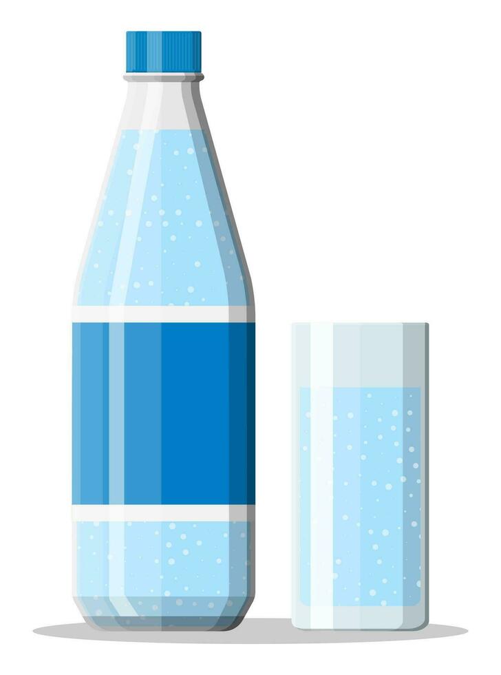 Plastic bottle and glass of fresh pure mineral water. Carbonated soda drink. Vector illustration in flat style