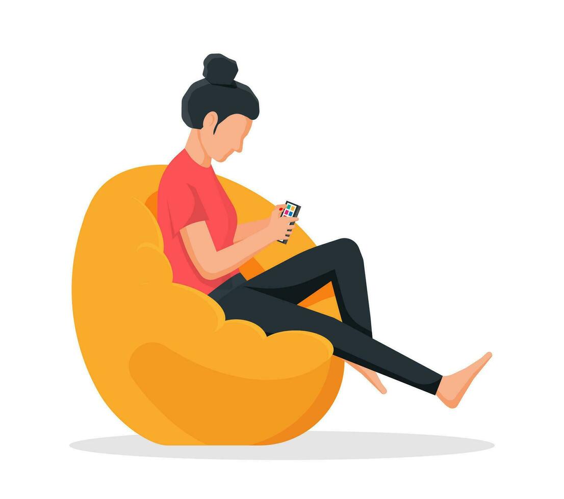 Girl sitting on bean bag chair. Woman holds smartphone in her hand. Casual female character chilling and browsing social media on mobile device. Cartoon flat vector illustration