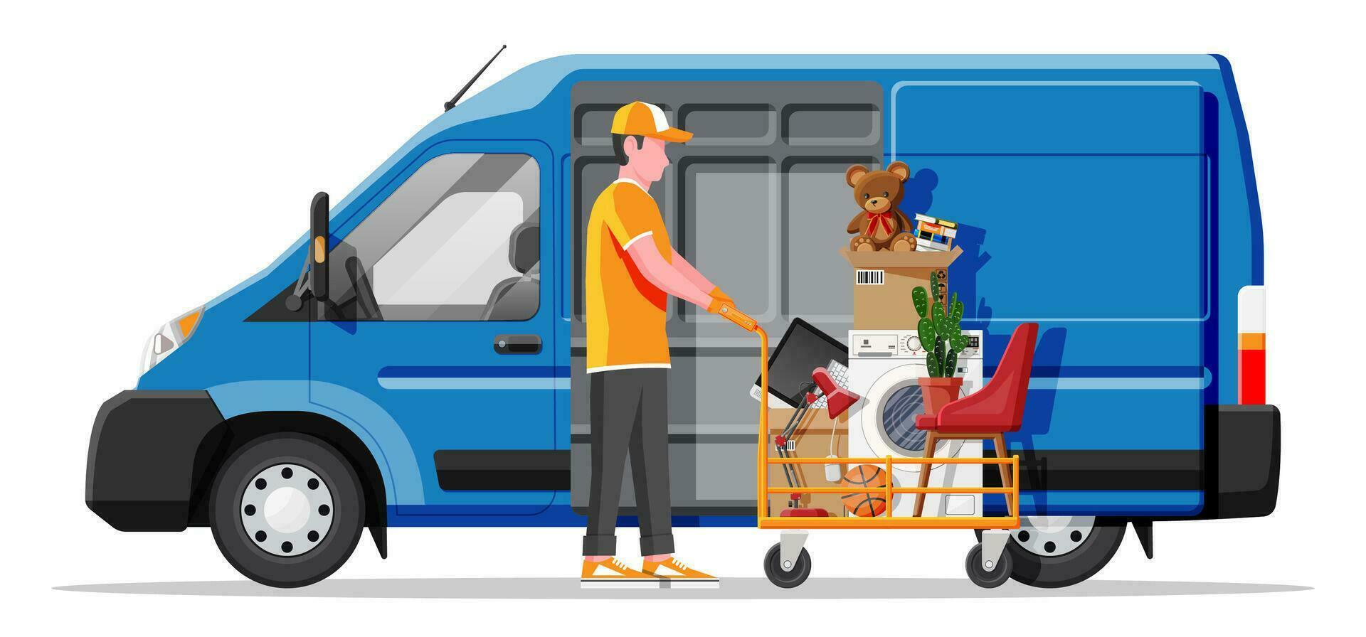 Delivery van full of home stuff inside. Moving to new house. Family relocated to new home. Boxes with goods. Package transportation. Computer, lamp, clothes, books. Flat vector illustration