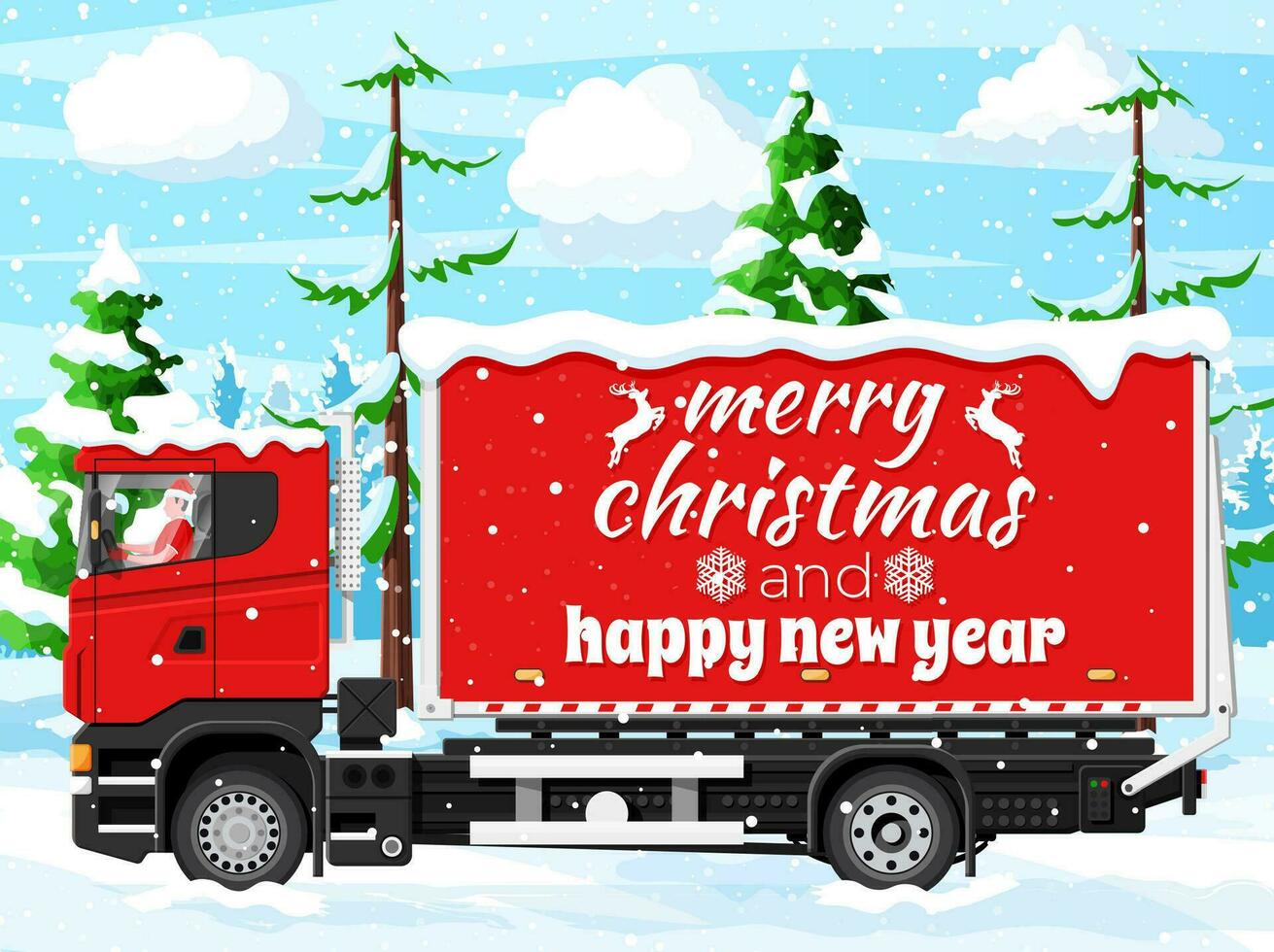 Christmas Delivery Truck and Snowy Landscape. Delivery Man in Santa Claus Hat. Happy New Year Decoration. Merry Christmas Holiday. New Year and Xmas Celebration. Flat Vector Illustration