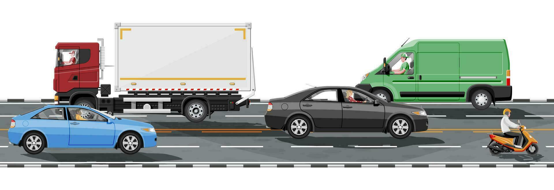 Collection Of Various Vehicles On Road. Sedan, Van, Truck And Motorbike. Car For Transportation, Cargo Services. City Or Urban Transport. Highway Side View. Vector Illustration In Flat Style