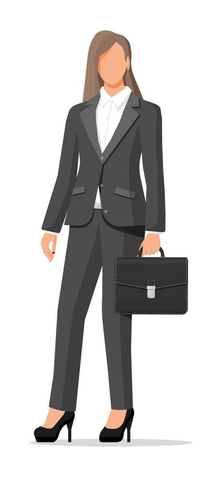 mujer de negocios en negro traje aislado en blanco. hembra personaje. negocio mujer con cuero caso. oficina empleado o obrero, gerente, ventas, banco oficinista. dibujos animados vector ilustración en plano estilo