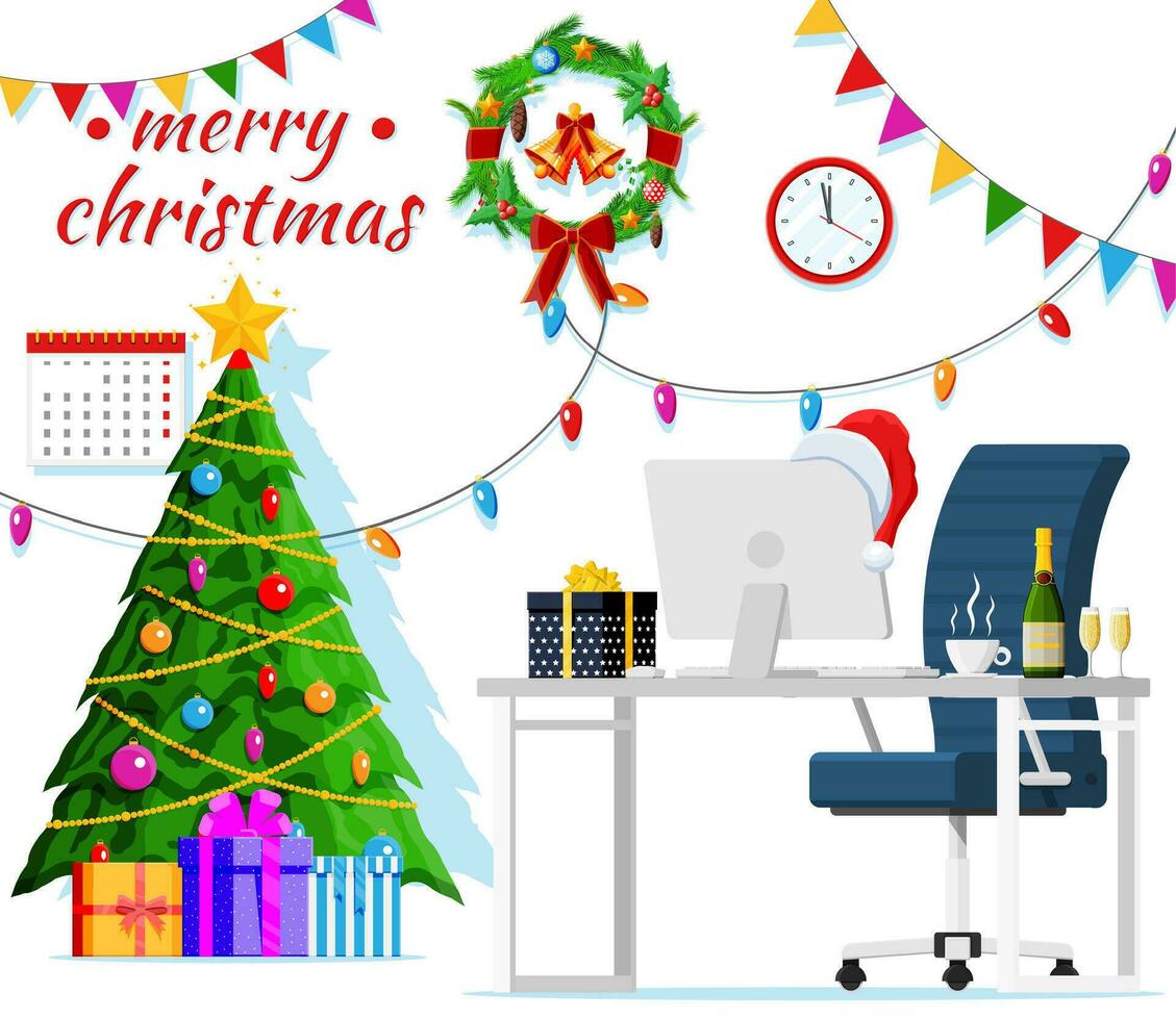 Navidad y nuevo año oficina escritorio espacio de trabajo interior. regalo caja, Navidad árbol, silla, computadora ordenador personal, relojes nuevo año decoración. alegre Navidad fiesta Navidad celebracion. vector ilustración