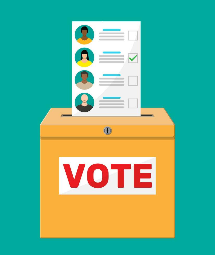 Ballot box and document with candidates. Hand with election bill. Vote paper with faces. Vector illustration in flat style