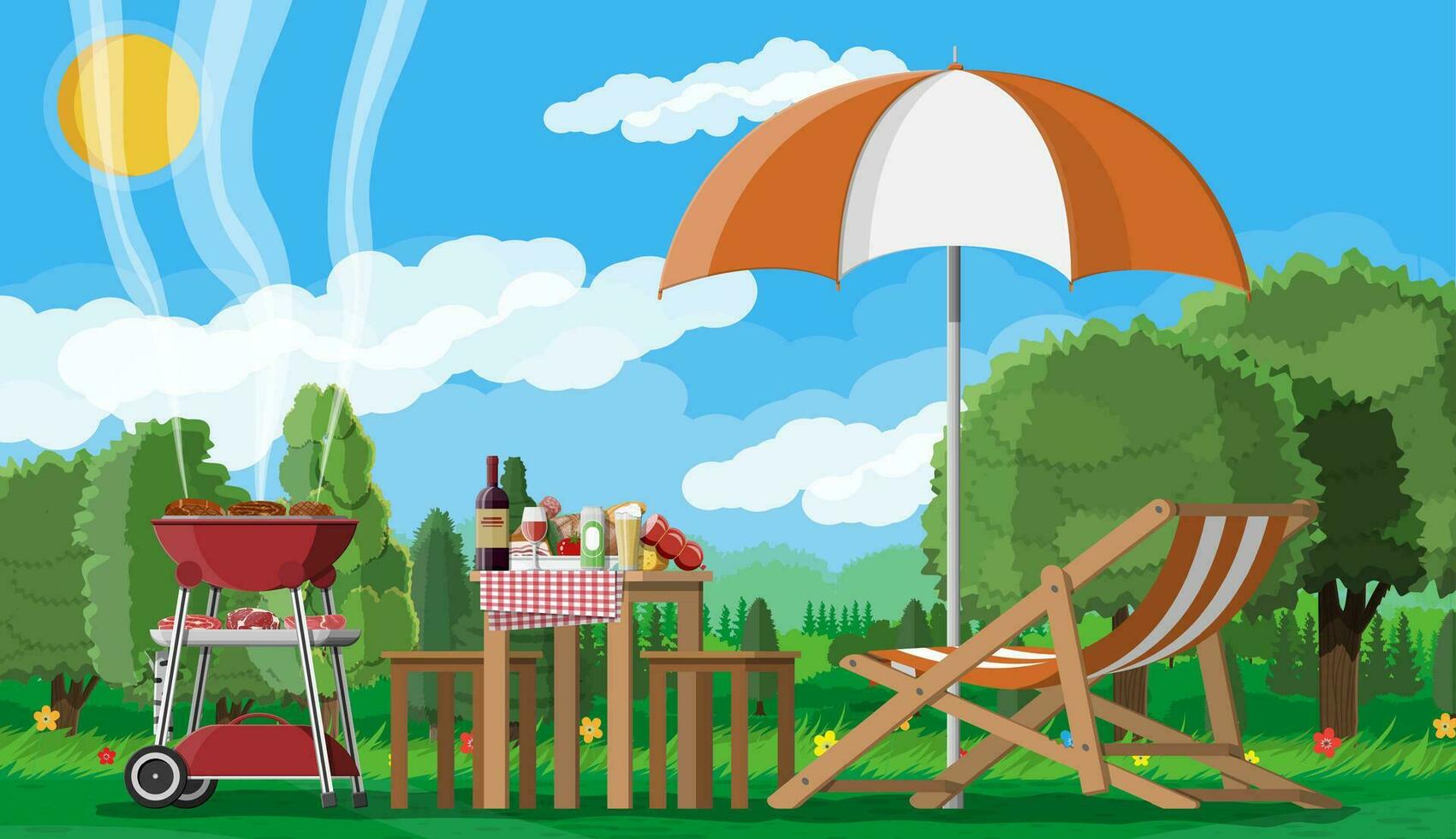 Bbq party or picnic. Table with bottle of wine, vegetables, cheese, can of beer. Electric grill with barbecue. Cooking steak, meat and sausages, grilling bbq. Vector illustration flat style
