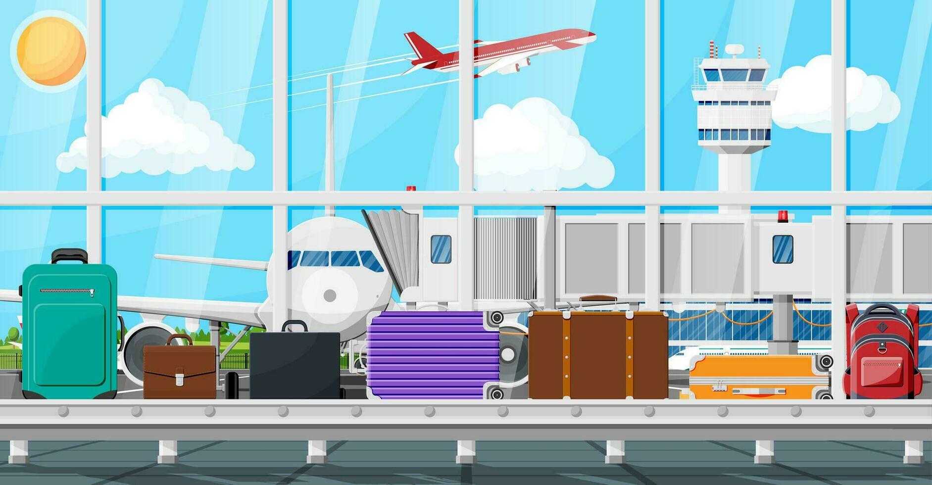 Luggage Carousel Against Airport Window With Taking Off Plane. Conveyor Belt With Passenger Luggage. Baggage Claim In Airport Interior. Logistic And Delivery. Cartoon Flat Vector Illustration