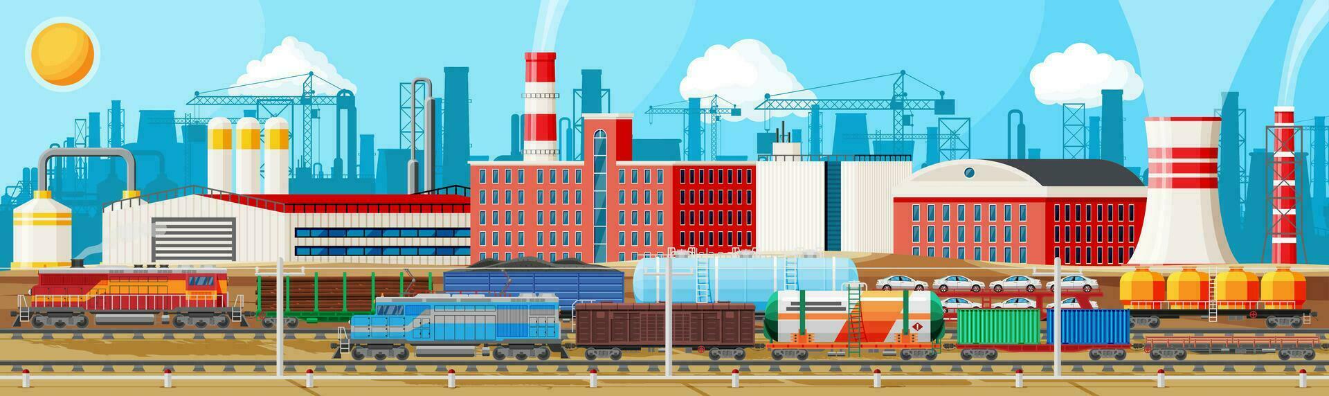 Industrial Landscape Of Cargo Rail Transportation With Plant And Fuming Pipes. Factory Building. Pipes, Buildings, Warehouse, Freight Railway Station. Cityscape Urban Skyline. Flat Vector Illustration