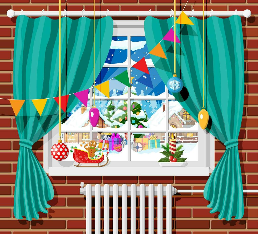 Winter window with curtains, view from the room. Tree and candle on the sill. Warm cozy interior. Christmas landscape, hills, snow, village, forest, falling snow. Cartoon flat vector illustration.