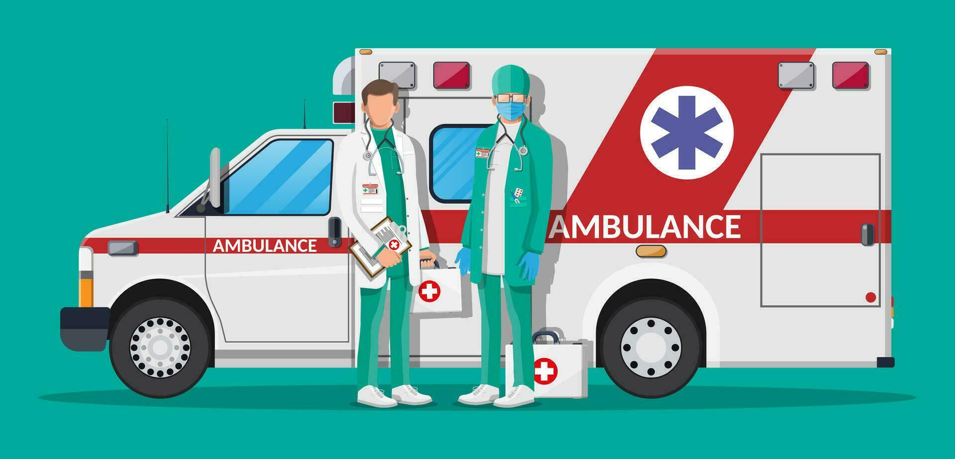Ambulance staff concept. Doctor in white coat with stethoscope and case. Ambulance car, emergency vehicle. Healthcare, hospital and medical diagnostics. Urgency services. Flat vector illustration