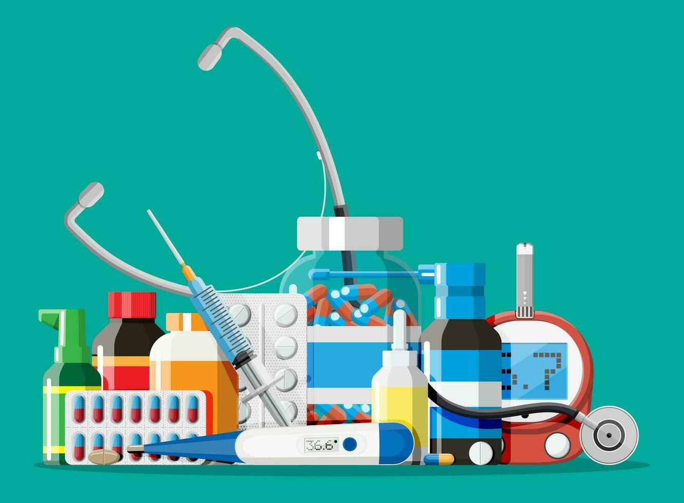 Medicine collection. Set of bottles, tablets, pills, capsules and sprays for illness and pain treatment. Medical drug, vitamin, antibiotic. Healthcare and pharmacy. Vector illustration in flat style