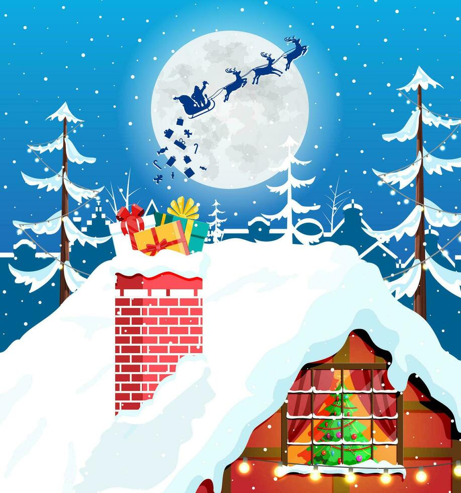 Navidad regalos caja con arco en Chimenea. árbol en ventana. fiesta regalos en techo. contento nuevo año decoración. alegre Navidad día festivo. nuevo año y Navidad celebracion. plano vector ilustración