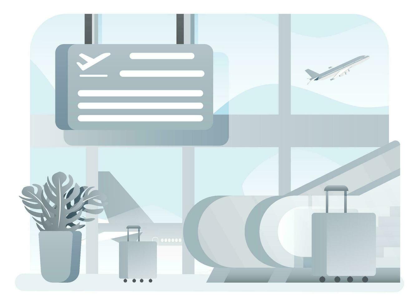 International airport concept. Modern travel bag and plant near escalator. Plane before takeoff. Terminal building interior in minimalist design in grey tones. Flat style vector