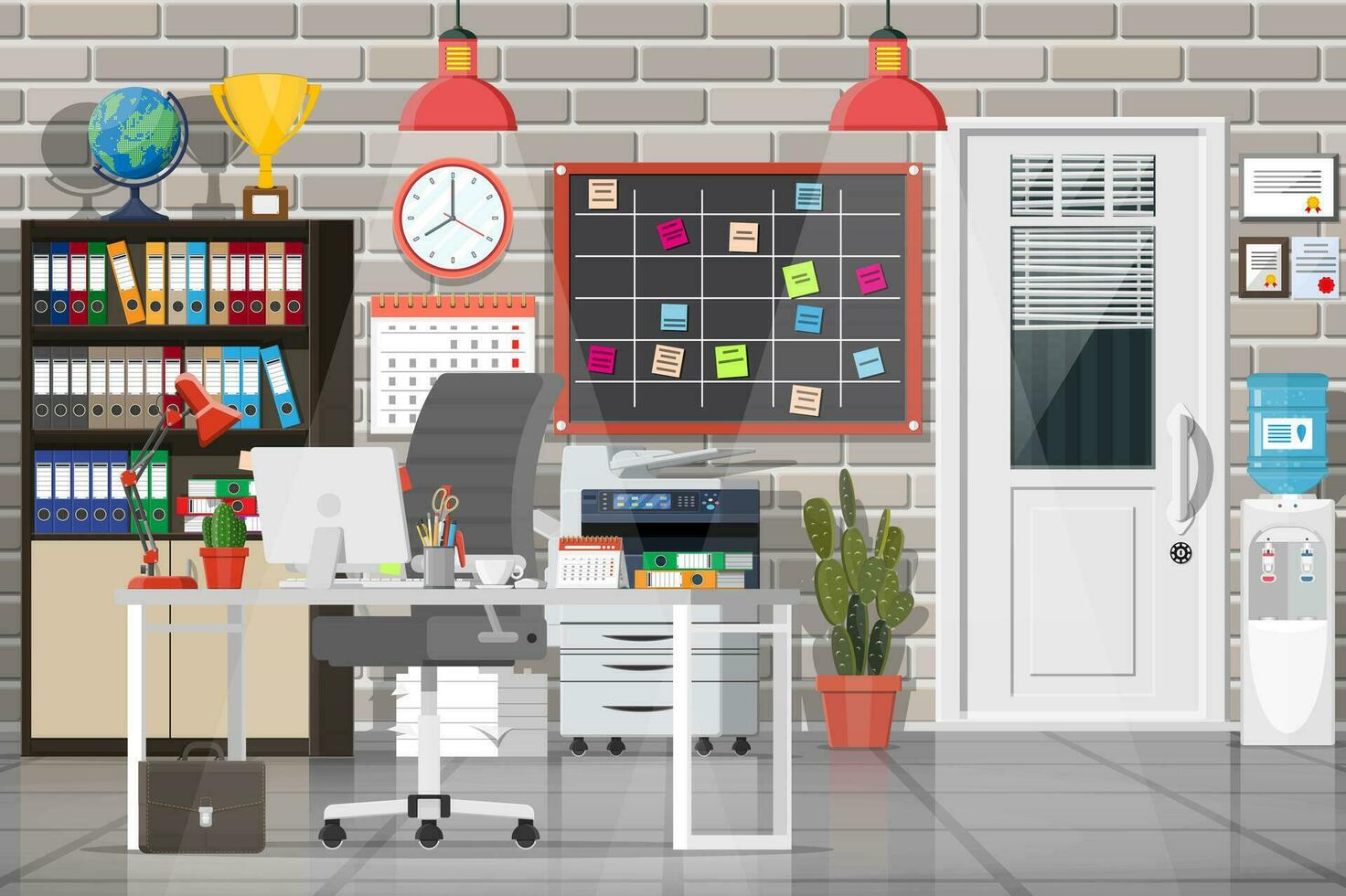 Office building interior. Desk with computer, chair, lamp, books document papers. Modern business workspace. Drawer, tree, clocks, calendar printer. Modern business workplace. Flat vector illustration