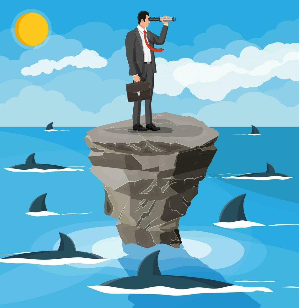 Businessman with spyglass on tiny island in sea and surrounded by sharks. Obstacle on work, financial crisis. Risk management. Success, achievement, vision career goal. Flat vector illustration