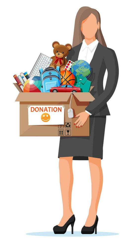 Woman, cardboard donation box toys, books, clothes and devices. Help for children, support for poor kid. Donate container in hand. Social care, volunteering, charity concept. Flat vector illustration