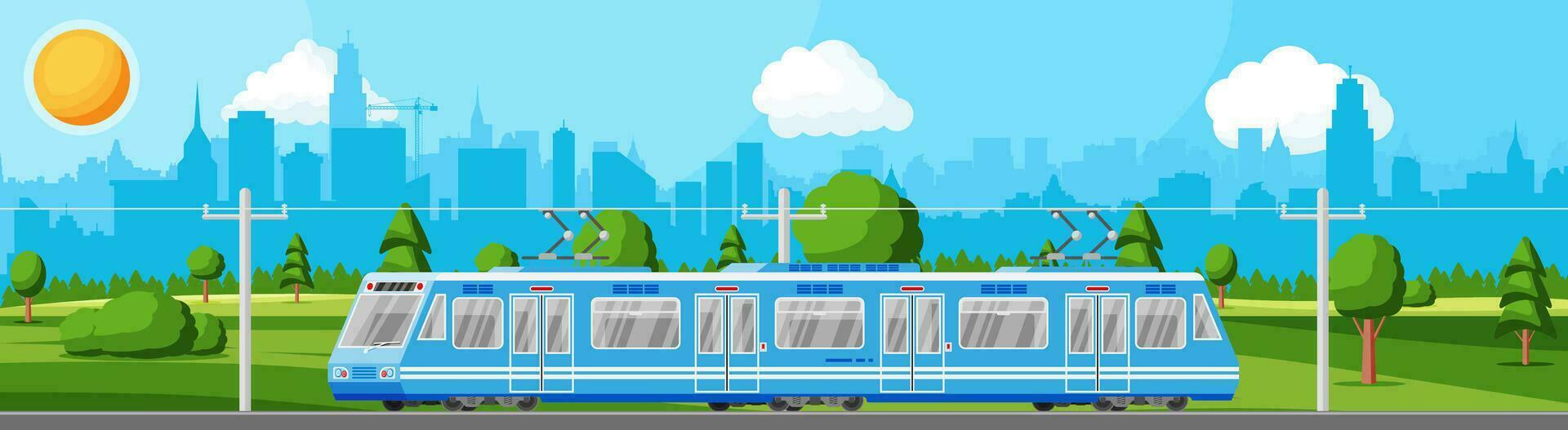 Modern Tram Train Passenger Streetcar Cityscape. City Light Rail Tramcar. Urban Electric Transport. Passenger Express Railway. Railroad Public Transportation. Rapid Transport. Flat Vector Illustration