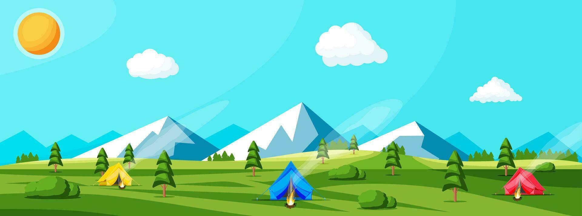 Meadow With Grass And Camping. Tents And Campfire. Summer Landscape Concept. Green Forest And Blue Sky. Countryside Rolling Hills And Mountains. Trees On The Horizon. Vector Illustration Flat Style