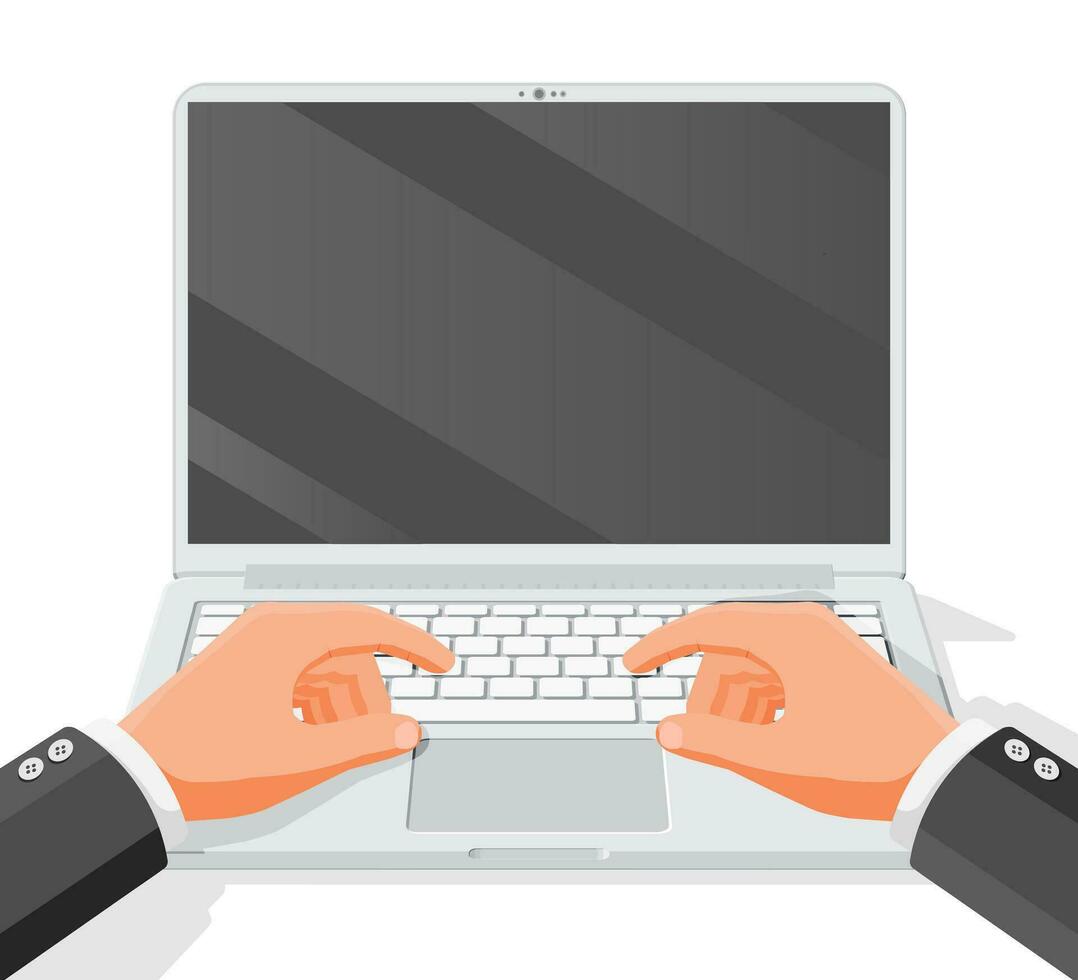 hombre trabajando en computadora en frente de un blanco pantalla. cuaderno dispositivo modelo con vacío pantalla. manos tipo o impresión en ordenador portátil teclado. plano vector ilustración.