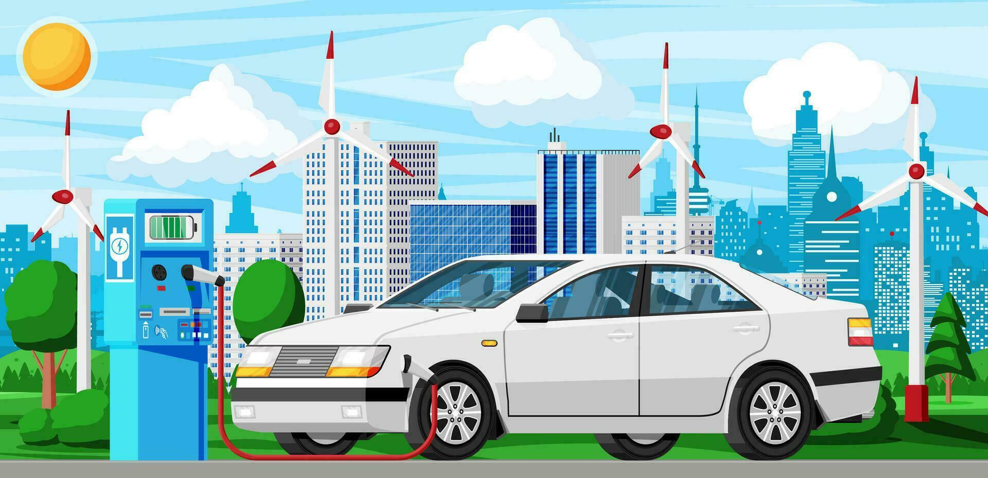 White Electric Car Charging at Charger Station with Plug in Cable. Electric Sedan Vehicle and Public Power Station. Electromobility Fast Charge Car. Electric Mobility Concept. Flat Vector Illustration