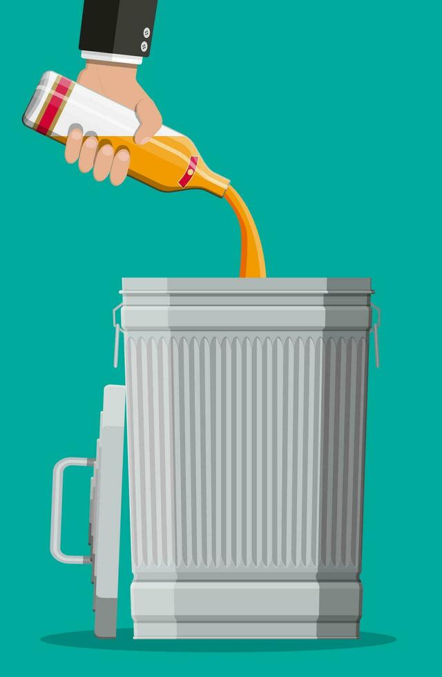 Alcohol abuse concept. Hand pours whiskey in garbage bin. Bottle of bourbon. Stop alcoholism. Rejection. Vector illustration in flat style.