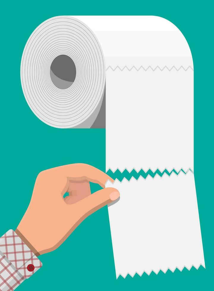 White roll of toilet paper and hand. Hank of paper for toilet. Vector illustration in flat style