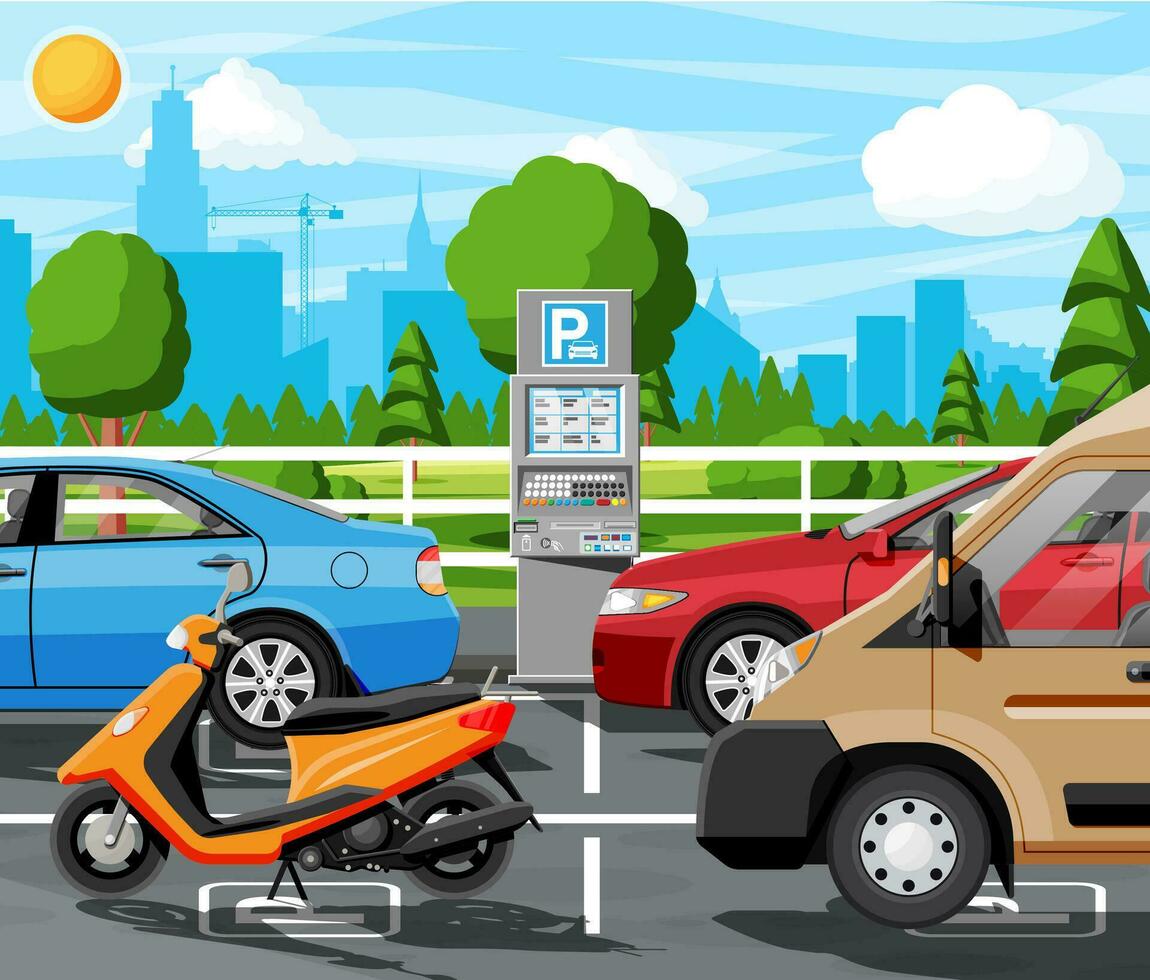 Pay for Car Park with Parking Meter Cityscape. Ticket Machine Icon. Sedan, Van, Motorbike Vehicle. Self Service Parking Pay. Electronic Payment Terminal. Cartoon Flat Vector Illustration