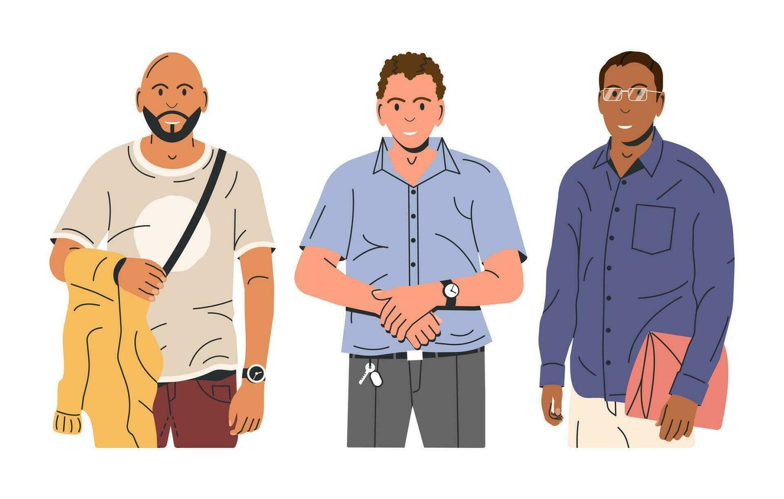 Tres hombre en pie juntos. grupo de masculino diferente nacionalidades y Razas. casual sonriente chico colegas. mejor amigos, masculino amistad concepto. dibujos animados plano vector ilustración