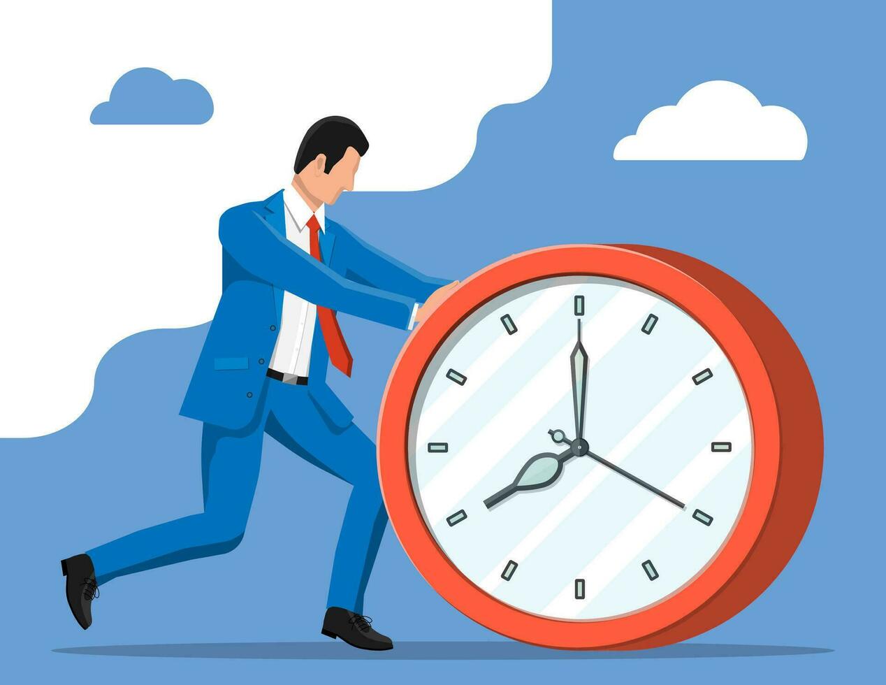 empresario emprendedor grande reloj. negocio hombre corriendo prisa a obtener en tiempo. trabajo excesivo, fecha límite, inversión, ahorros, banco depósito, futuro ingreso, dinero beneficio. hora es dinero. plano vector ilustración