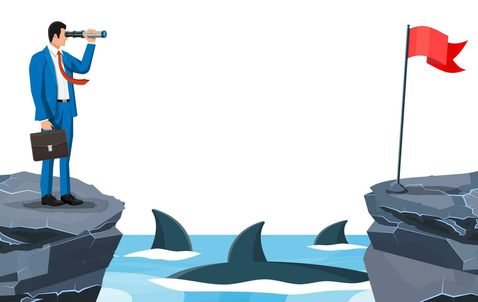 Businessman with spyglass on tiny island in sea and surrounded by sharks. Obstacle on work, financial crisis. Risk management. Success, achievement, vision career goal. Flat vector illustration