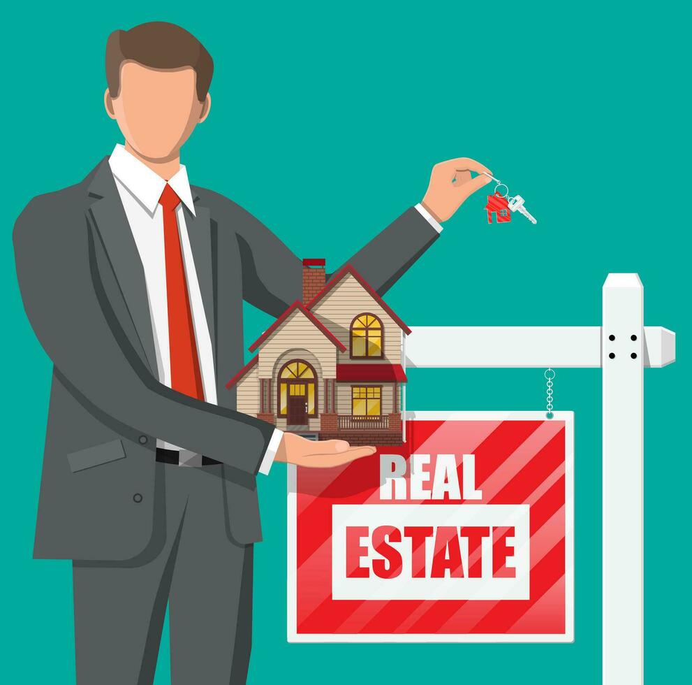Businessman or realtor holding house and key. Wooden placard with real estate sign. Mortgage, property and investment. Buy sell or rent realty. Flat vector illustration
