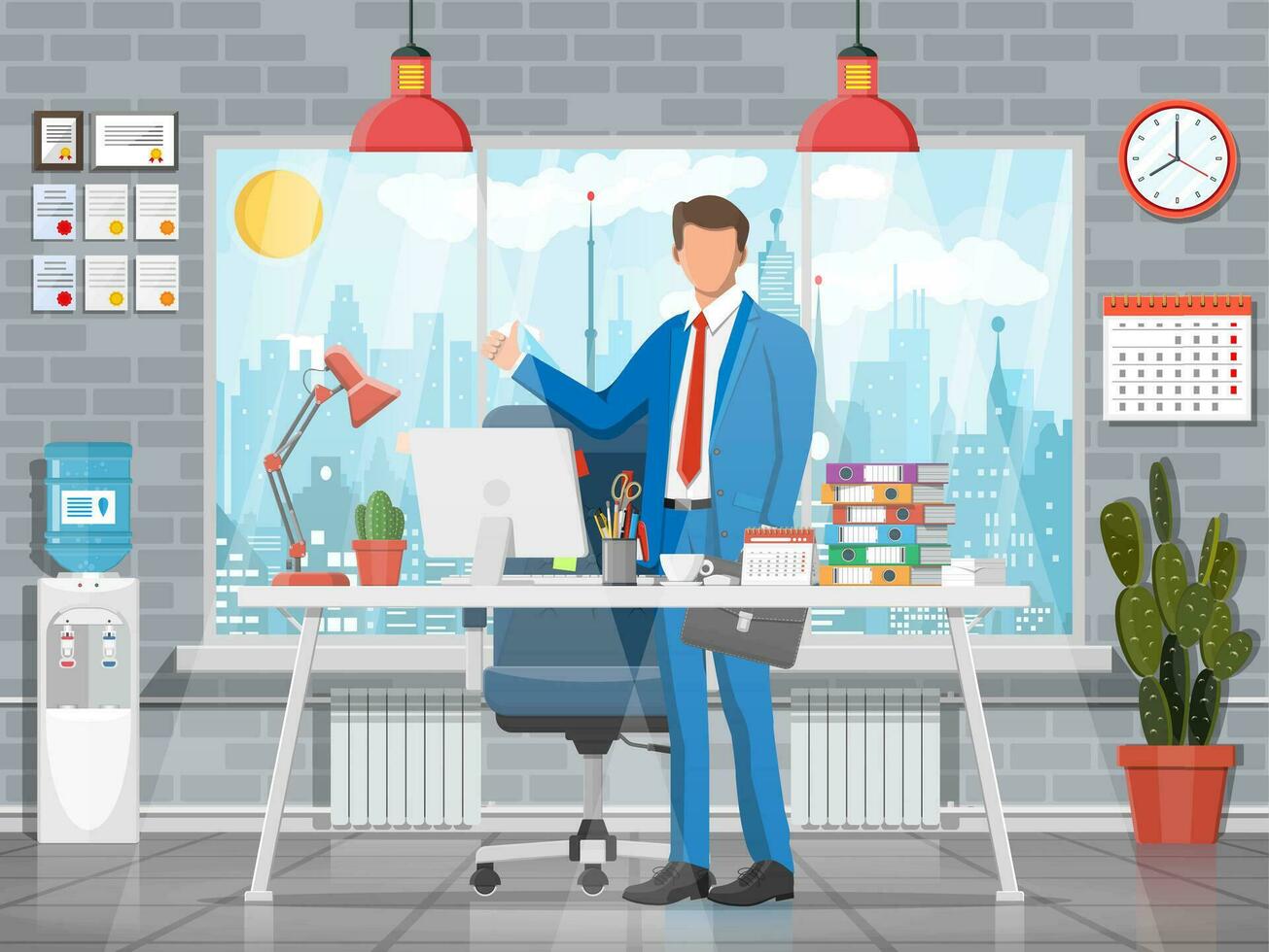 Businessman in office building interior. Desk with computer, chair, lamp, books and document papers. Water cooler, cactus, clock, window cityscape. Modern business workplace. Flat vector illustration