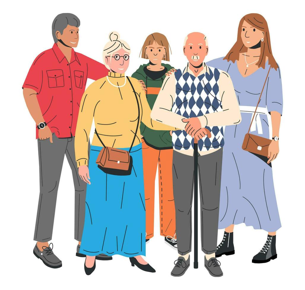 Adult Childs Hugging Old Father and Mother Isolated. Elderly Dad and Mom with Daughter and Son or Granddaughter and Grandson. Woman and Man Embracing his Parents Happy Family. Flat Vector Illustration