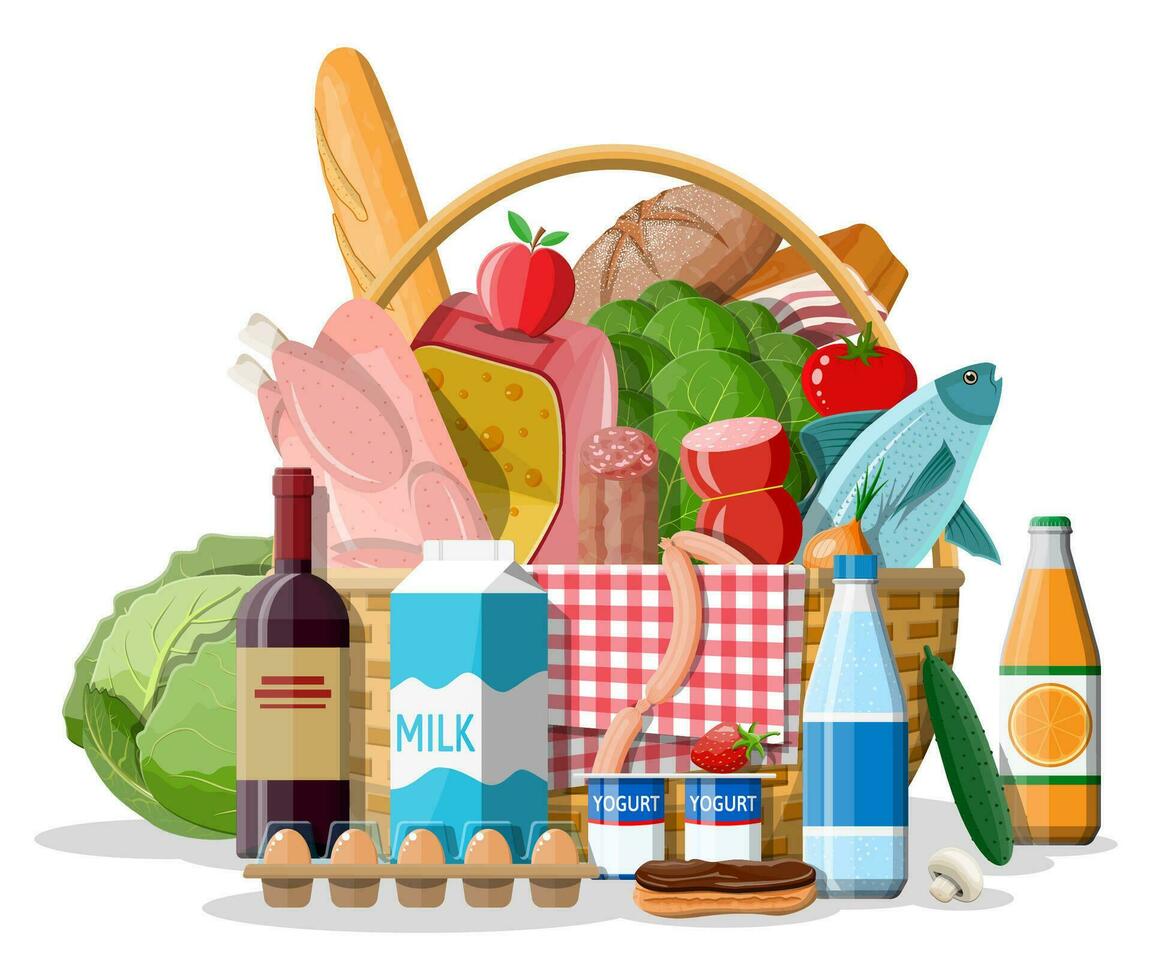 mimbre cesta con Fresco productos tienda de comestibles almacenar, supermercado. comida y bebidas leche, verduras, carne, pollo queso, salchichas, ensalada, un pan cereal filete huevo. vector ilustración plano estilo