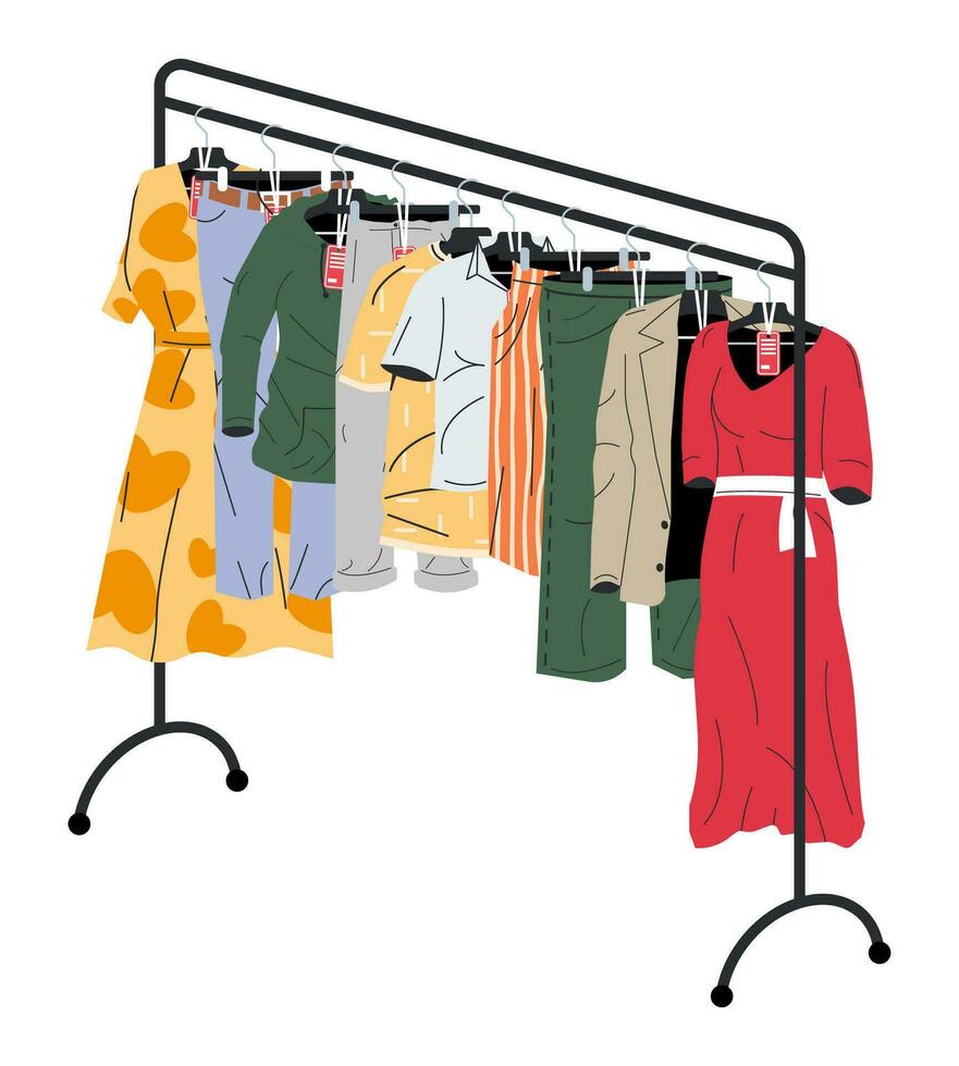 Mens and Womans Clothes on Hanger. Shop Wardrobe. Clothes and Accessories. Various Hanging Clothing with Price Tag. Seasonal Sale of Clothes. Jacket, Shirt, Jeans, Pants. Flat Vector Illustration