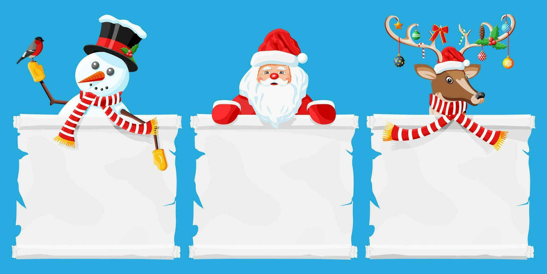 Santa claus, snowman and deer christmas characters. Scroll with place for text. Happy new year decoration. Merry christmas holiday. New year and xmas celebration. Vector illustration in flat style