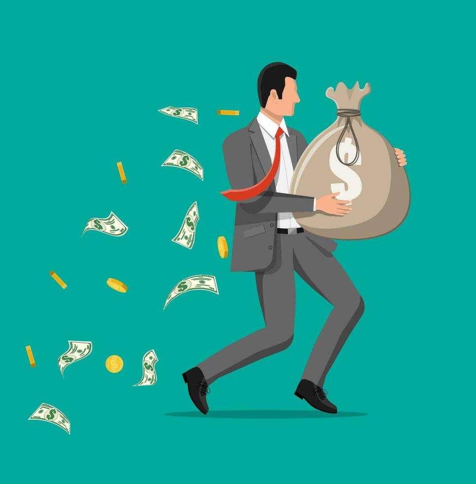 Businessman holding large bag full of money. Businessman with big heavy sack full of cash. Growth, income, savings, investment. Symbol of wealth. Business success. Flat style vector illustration.