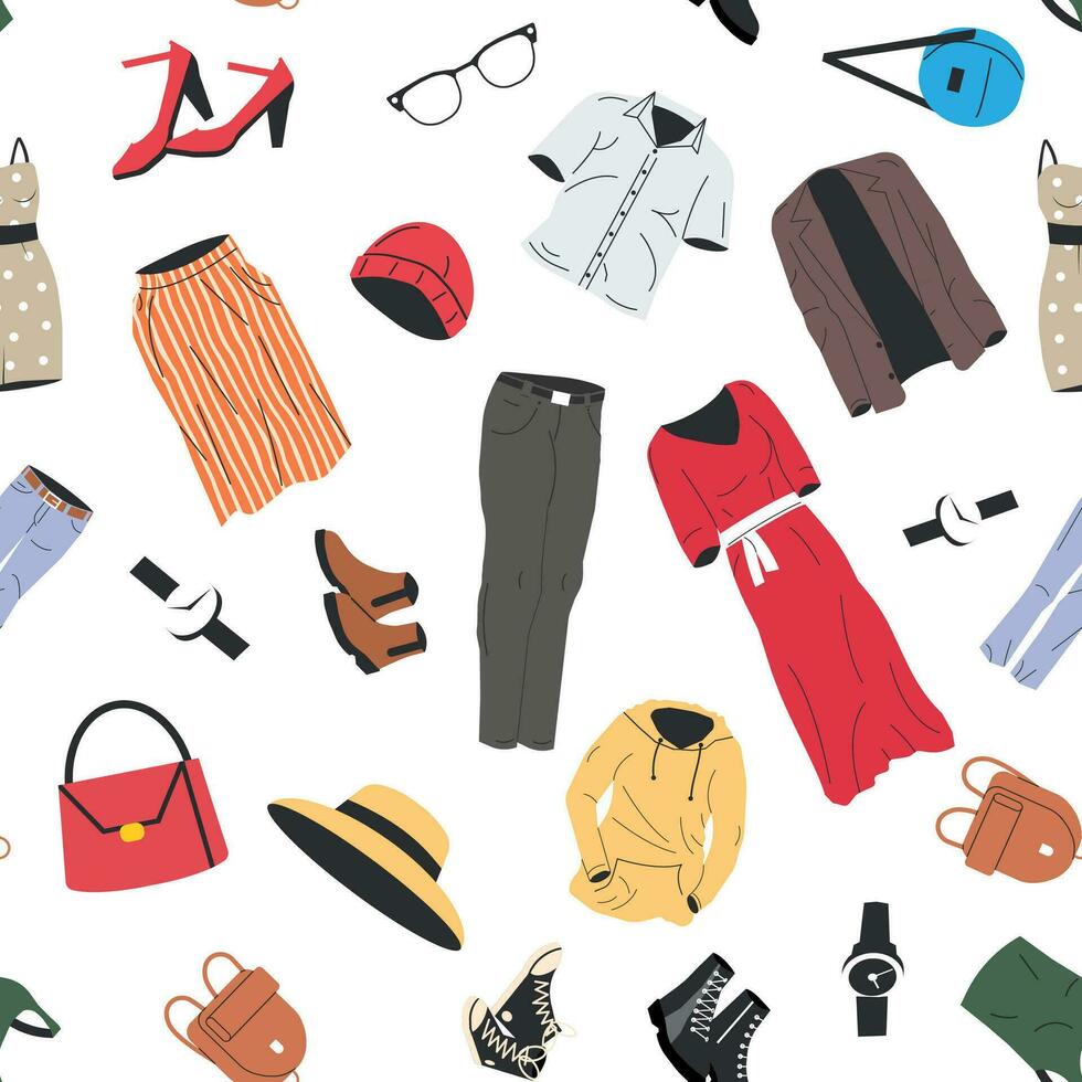 Woman Wardrobe Seamless Pattern. Set of Female Clothes and Accessories Icons. Various Girl Clothing. Jacket, Shoes, Shirt, Pants, Watches, Eyeglasses, Hat. Cartoon Flat Vector Illustration