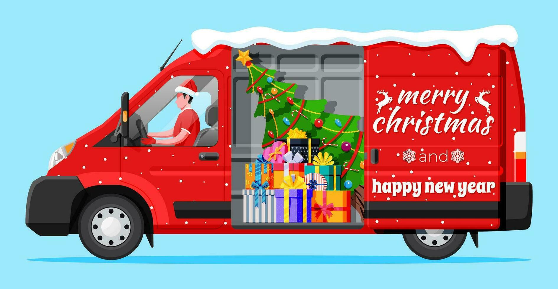 Christmas Delivery Van Isolated. Gift Box and Tree Inside. Delivery Man in Santa Claus Hat. Happy New Year Decoration. Merry Christmas Holiday. New Year and Xmas Celebration. Flat Vector Illustration
