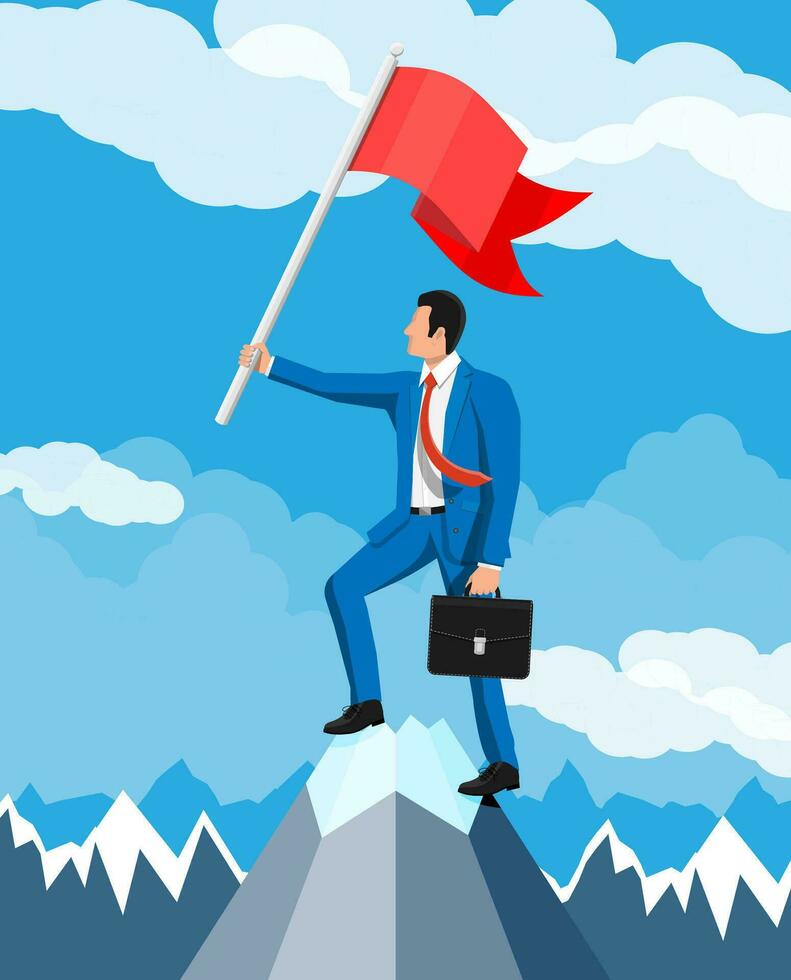 Businessman standing on top of mountain with flag. Symbol of victory, successful mission, goal and achievement. Trials and testing. Win, business success. Flat vector illustration
