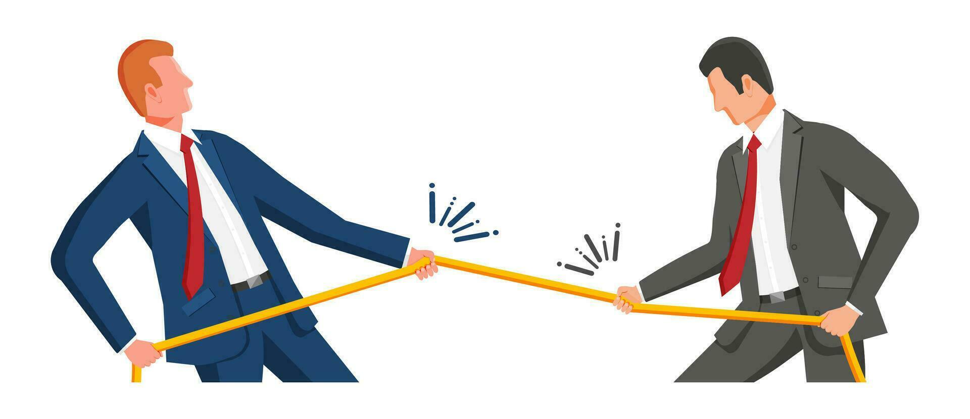 Two Businessman Pull of Rope. Man Tug of War and Look at Each Other. Business Target, Rivalry, Competition, Conflict. Achievement, Goal Success. Flat Vector Illustration