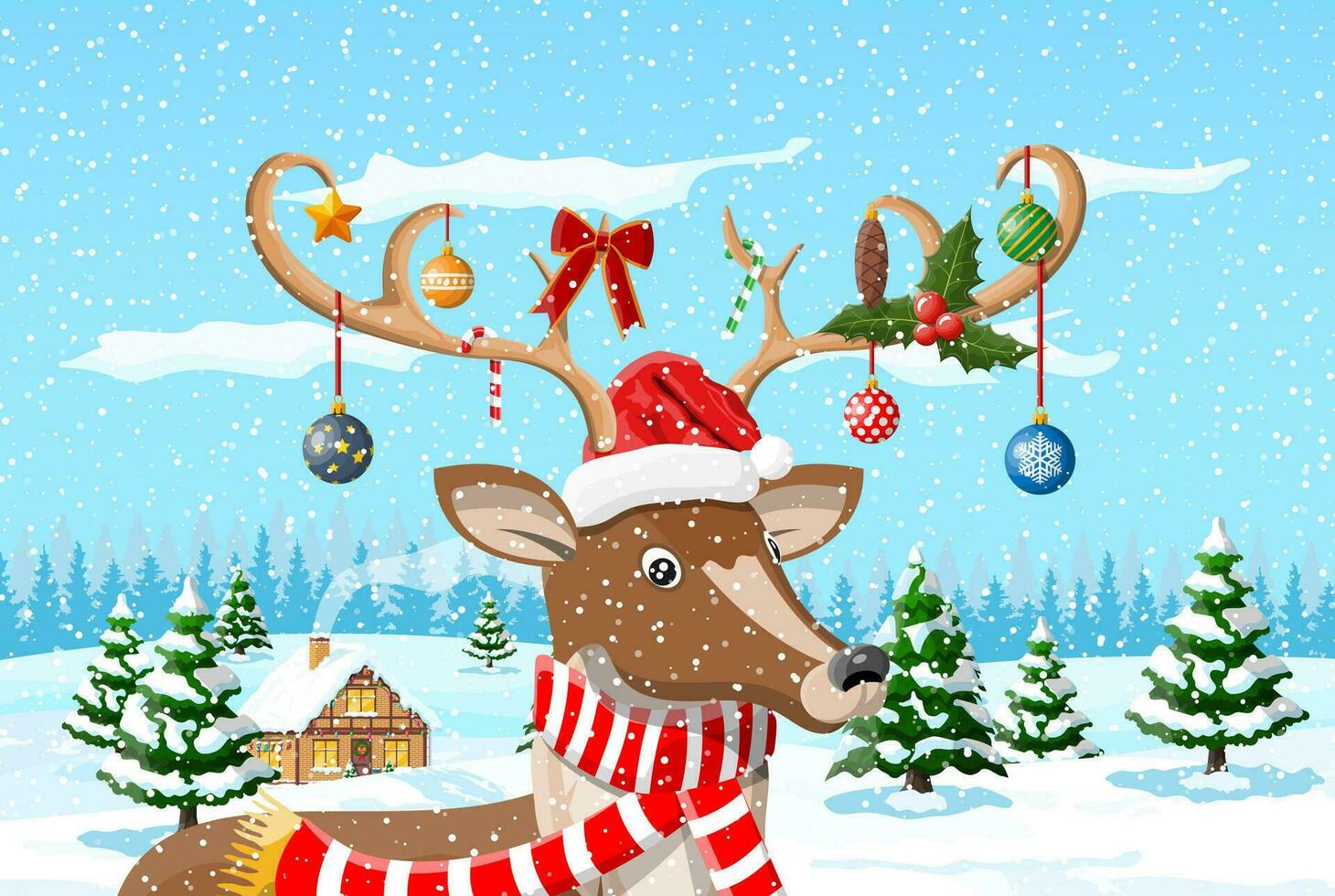 Christmas background. Deer with antlers scarf holly, bow, baubles. Winter landscape with fir trees forest and snowing. Happy new year celebration. New year xmas holiday. Vector illustration flat style