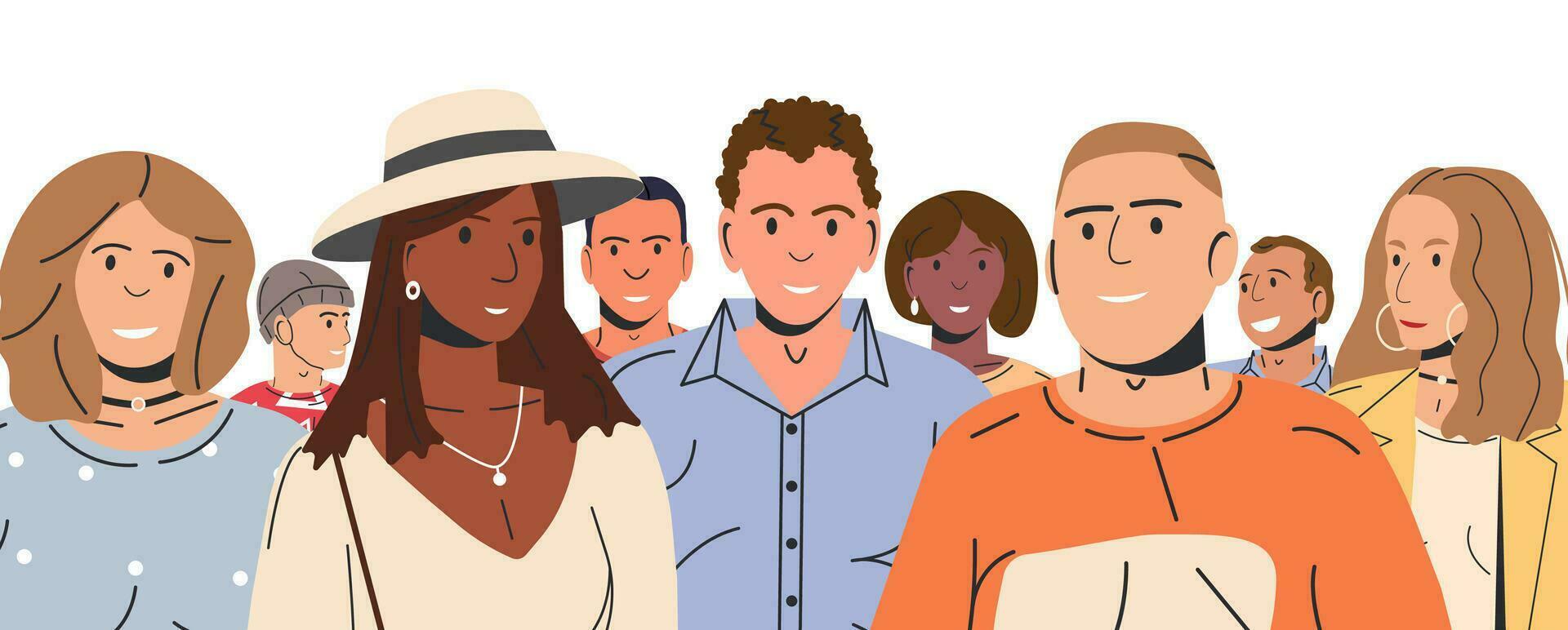 diverso multicultural y multirracial personas grupo. hombre y mujer en de moda atuendo en pie juntos. personas con diferente peinados y etnias en casual ropa. plano vector ilustración