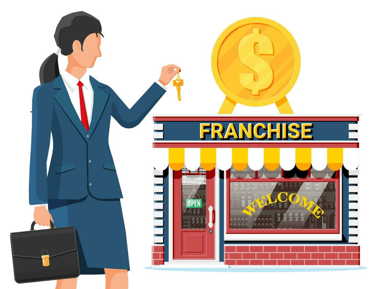 Franchise business for sale. Franchising shop building or commercial property. Real estate business promotional, sme startup crowdfunding. Selling buying new business. Flat vector illustration
