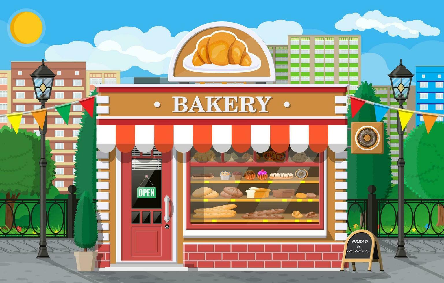 Bakery shop building facade with signboard. Baking store, cafe, bread, pastry and dessert shop. Showcases with bread, cake. City park, street lamp, trees. Market, supermarket. Flat vector illustration