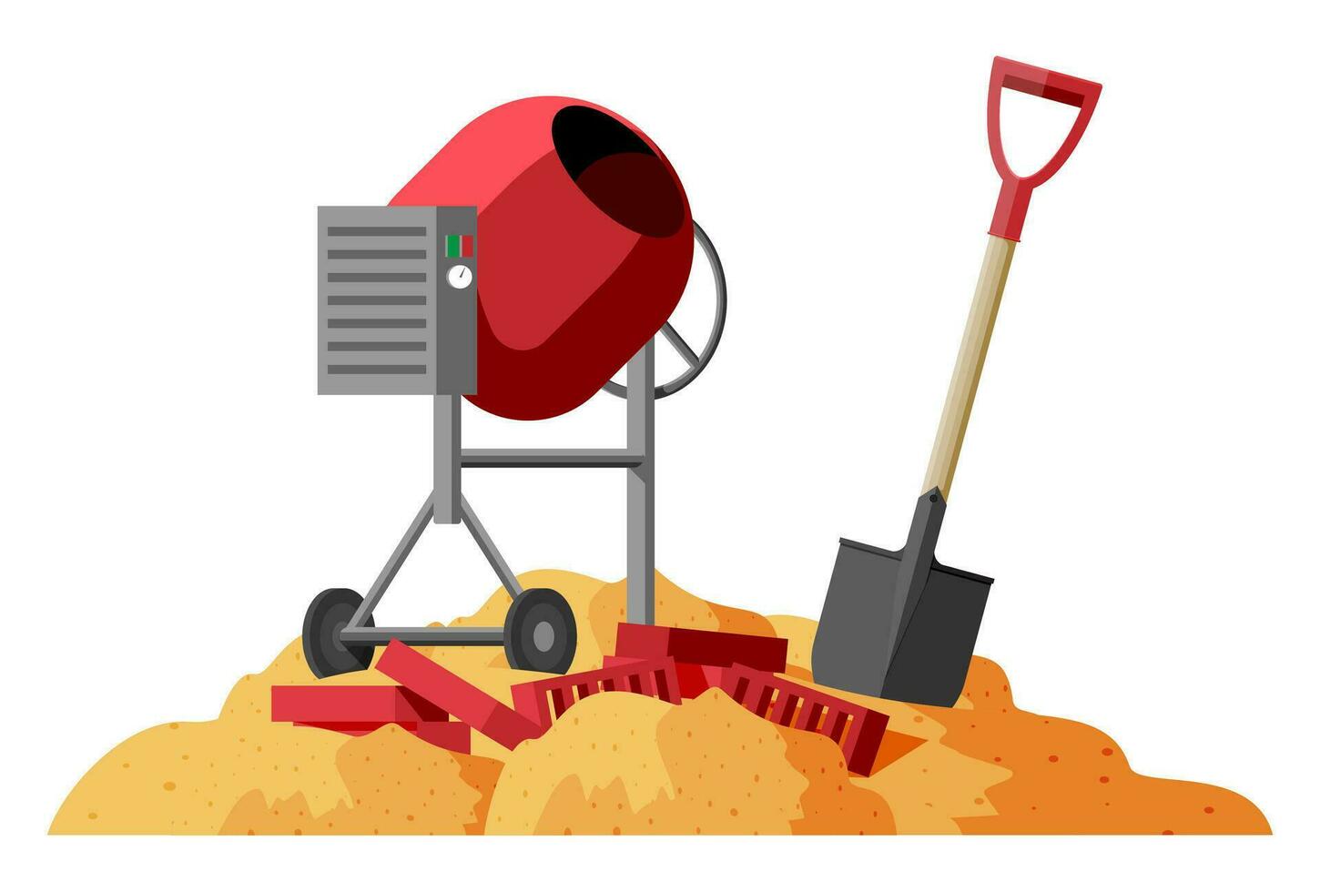 Concrete Mixer, Shovel and Bricks in Pile of Sand. Under Construction Design Banner Isolated on White background. Construction and Building Materials and Equipment. Cartoon Flat Vector Illustration